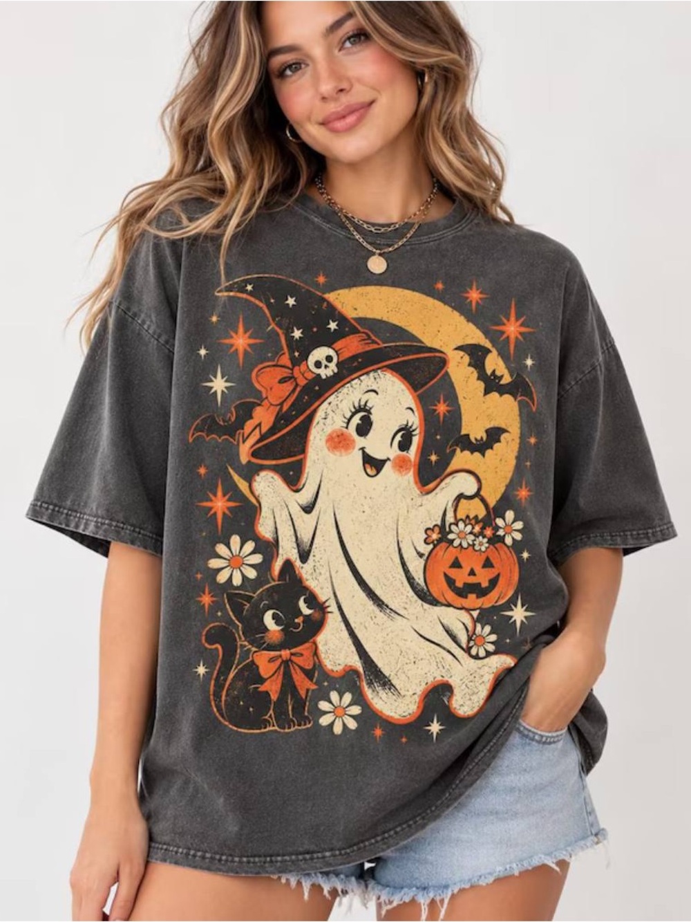 Comfort Colors Retro Ghost & Cat Halloween Tee, Trick or Treat shirt